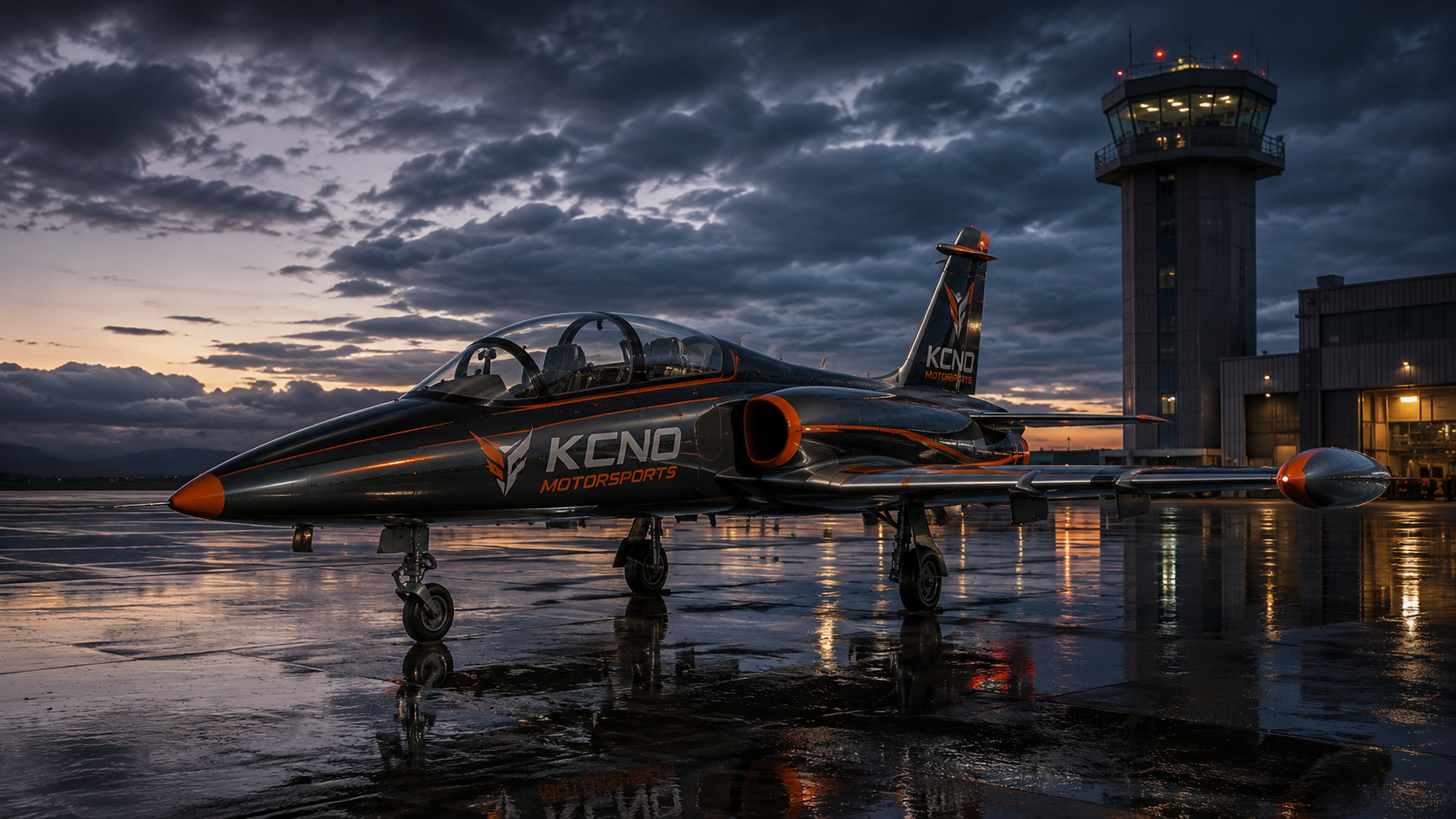 KCNO aircraft on a wet runway at dusk
